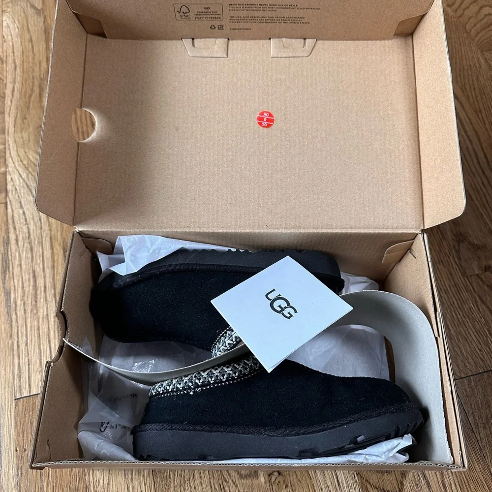 UGG Kids Black Suede Slip-On Shearling Mules with Braided Collar - Picture 2 of 5